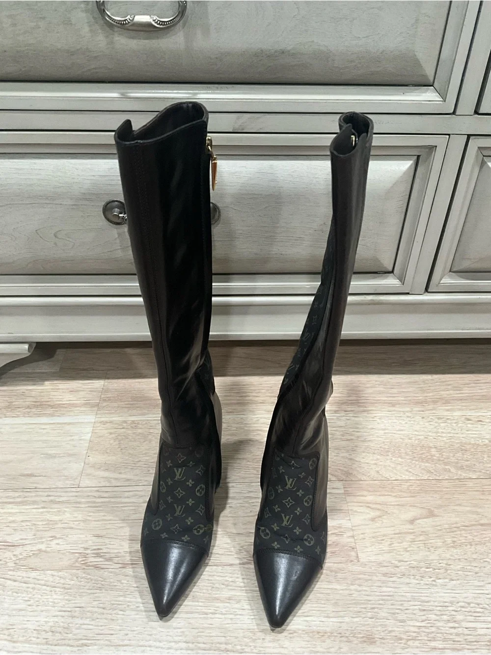 Louis Vuitton Black Monogram Paneled Knee-High Pointed Boots